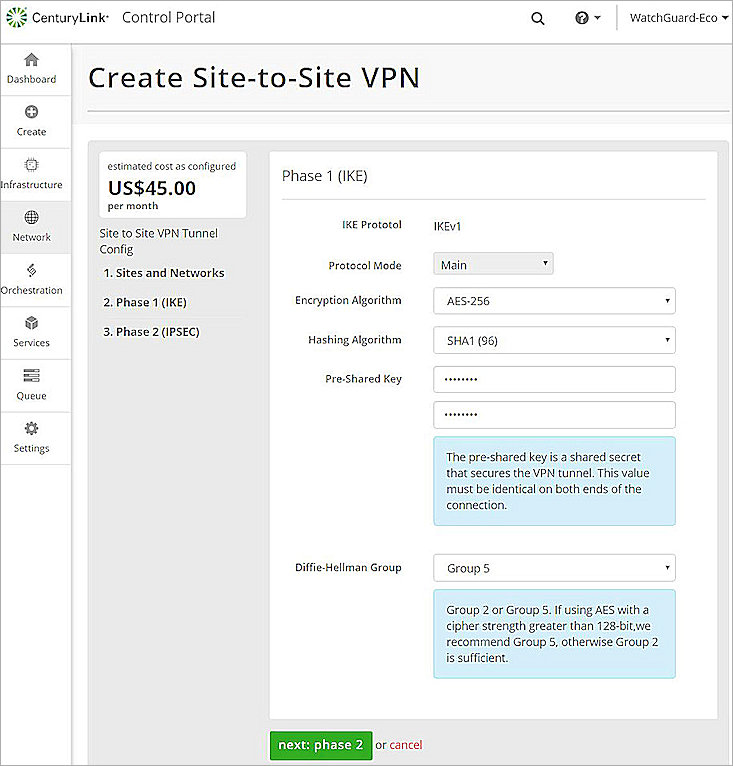 Screen shot of the Century Link  Phase 1 (IKE) page settings